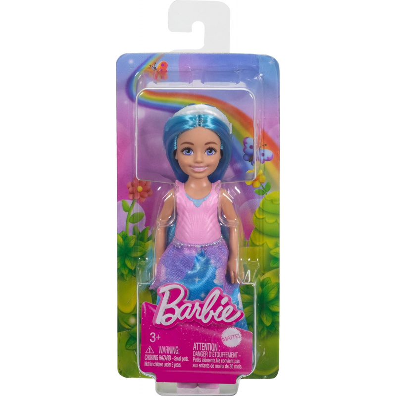 Muñeca Barbie Royal Chelsea pequeña con cabello azul, falda removible, zapatos y diadema blanca