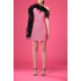 Short pink dress with black rhinestones and feathers