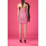 Short pink dress with black rhinestones and feathers