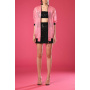 Black embroidered cropped top and skirt with pink jacket