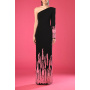 Black crêpe dress with pink embroidered feathers