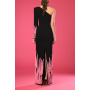 Black crêpe dress with pink embroidered feathers