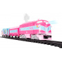 Tren de juguete de calibre O de batería de Barbie de Lionel Mattel con control remoto, locomotora, vagones de tren y vías con sonidos de tren auténticos, luces y efectos de humo de vapor de agua