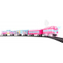 Tren de juguete de calibre O de batería de Barbie de Lionel Mattel con control remoto, locomotora, vagones de tren y vías con sonidos de tren auténticos, luces y efectos de humo de vapor de agua