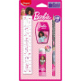 Maped - Set de Papelería Barbie 4 Piezas - 1 Regla Transparente 15cm + 1 Sacapuntas de 1 Orificio + 1 Goma de Tubo Protegida + 1 Lápiz de Papel HB - Licencia Oficial Barbie