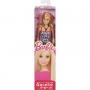 Muñeca Barbie básica con vestido estampado con logo Barbie