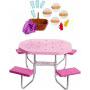 Mobiliario exterior de Barbie - mesa de picnic rosa con asientos ajustables y perritos calientes para 4