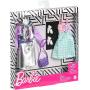 Barbie Fashions - Juego de ropa de 2 piezas, 2 trajes de muñeca que incluyen sudadera iridiscente, falda metálica plateada, vestido de cuadros y 2 accesorios