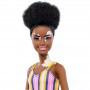 Muñeca Barbie Fashionistas #135 con vitíligo y cabello castaño rizado con vestido a rayas y accesorios