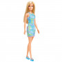 Muñeca Barbie  con vestido y estampado del logo de Barbie en color azul