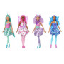 Cuatro muñecas Barbie de cuento de hadas con cabello colorido, unicornio y tema de hadas