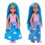 Muñeca Barbie Royal Chelsea con pelo azul y falda estampada colorida