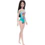 Muñeca Barbie de playa con cabello negro y traje de baño azul tropical