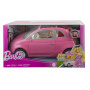 Muñeca Barbie y vehículo rosa Fiat 500