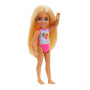 Muñeca Chelsea Barbie  pequeña con traje de baño playero, estampado de rayas y flores, cabello rubio y ojos azules