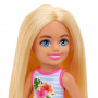 Muñeca Chelsea Barbie  pequeña con traje de baño playero, estampado de rayas y flores, cabello rubio y ojos azules