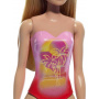 Muñeca Barbie Beach con cabello rubio y traje de baño rosa con estampado de palmeras