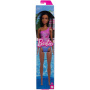 Muñeca Barbie Beach con cabello castaño oscuro y traje de baño morado tropical