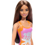 Muñeca Barbie Beach con cabello castaño claro y traje de baño tropical rosa y naranja