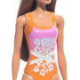 Muñeca Barbie Beach con cabello castaño claro y traje de baño tropical rosa y naranja