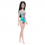 Muñeca Barbie de playa con cabello negro y traje de baño azul tropical