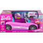 Hot Wheels Barbie Descapotable teledirigido, coche rosa de juguete por control remoto con capacidad para dos muñecas Barbie, con maletero que se abre y hoja de pegatinas para personalizarlo