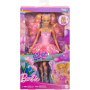 Muñeca Barbie de hadas con varita de juguete y accesorios de moda, temática de fantasía con alas y atuendo que cambian de color