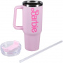 Botella de agua con logotipo rosa y licencia oficial de Barbie de Paladone, vaso de acero inoxidable con aislamiento al vacío, tapa y pajita para agua, té helado o café